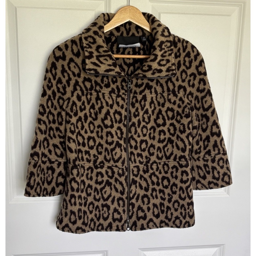 Carlisle Leopard Print Wool Angora Zip Front Jacket Women's 6 Mob Wife Luxury